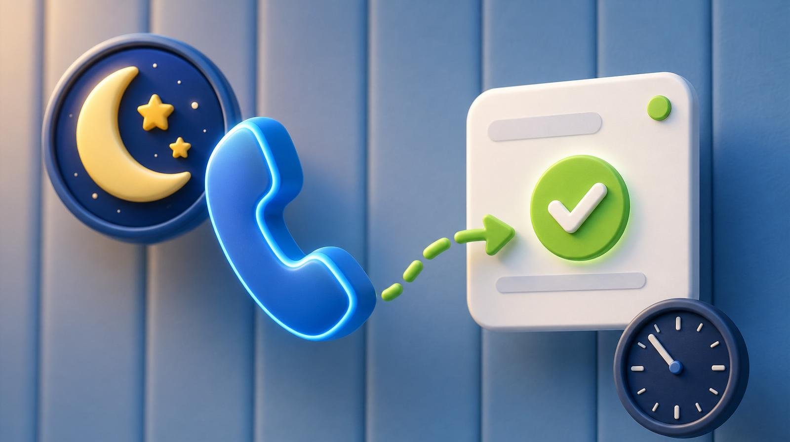 3D illustration of a night-sky badge and a glowing blue telephone handset connected by a green dashed arrow to a call-answered card with a green checkmark