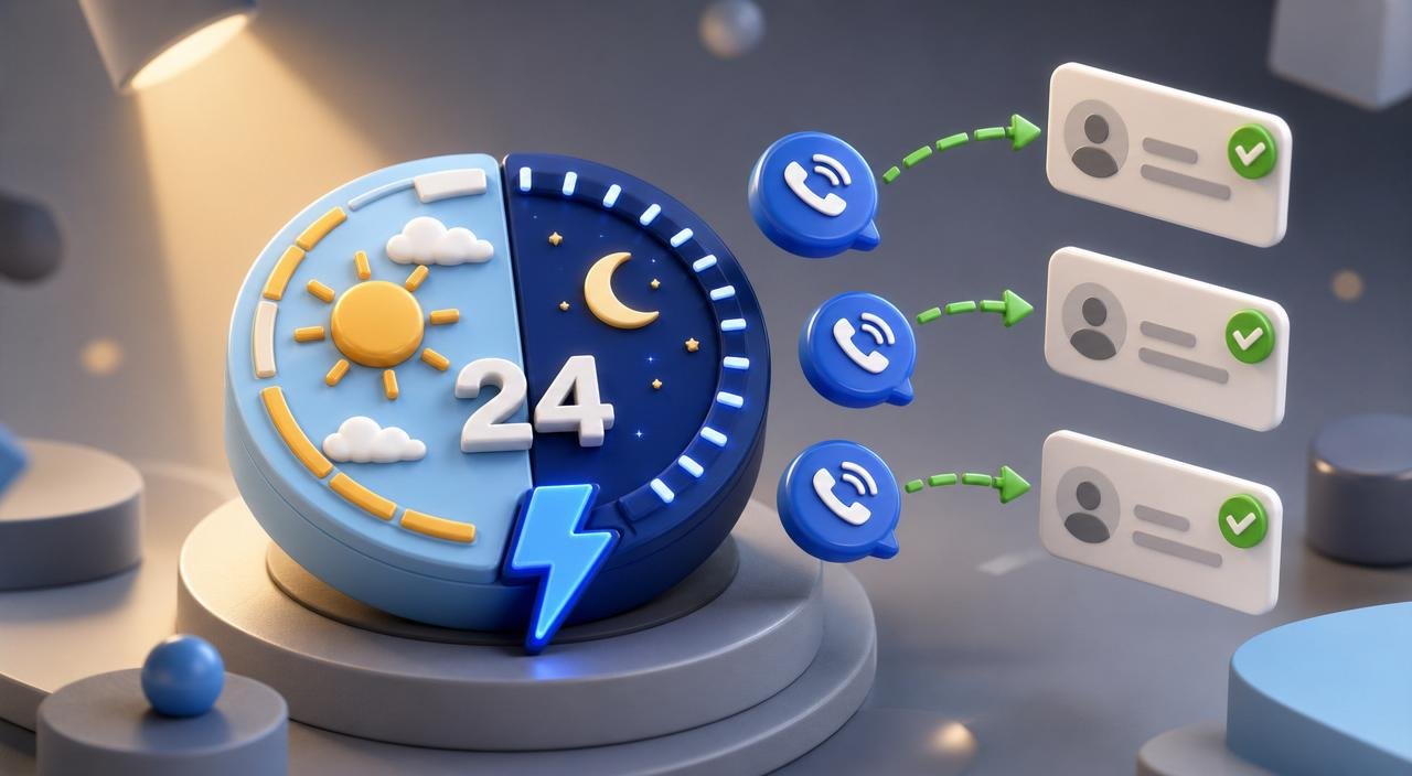 3D illustration of a 24-hour dial split into a daytime half and a night half, with three call tokens landing on the night half and green dashed arrows feeding into captured lead cards.