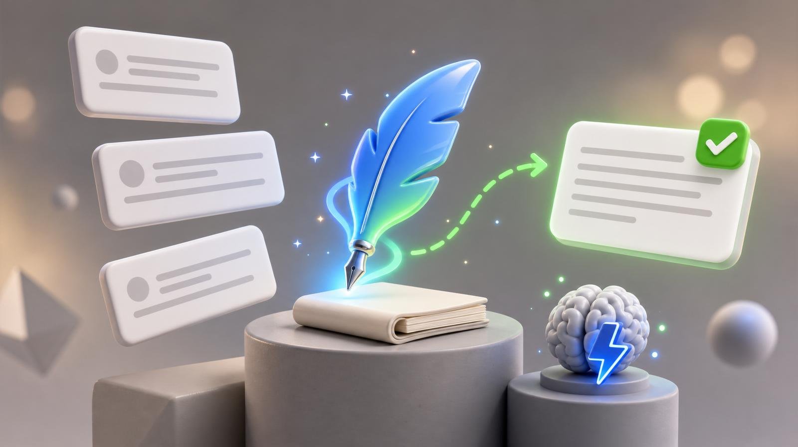 Glossy blue 3D quill above a floating notepad emitting light-blue sparkles, floating text-block cards on the left and an AI-brain lightning-bolt icon on the right