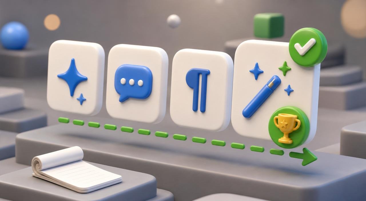 Four glossy 3D tool tiles floating in a row on a matte grey backdrop, the last tile carrying a green checkmark and a small trophy