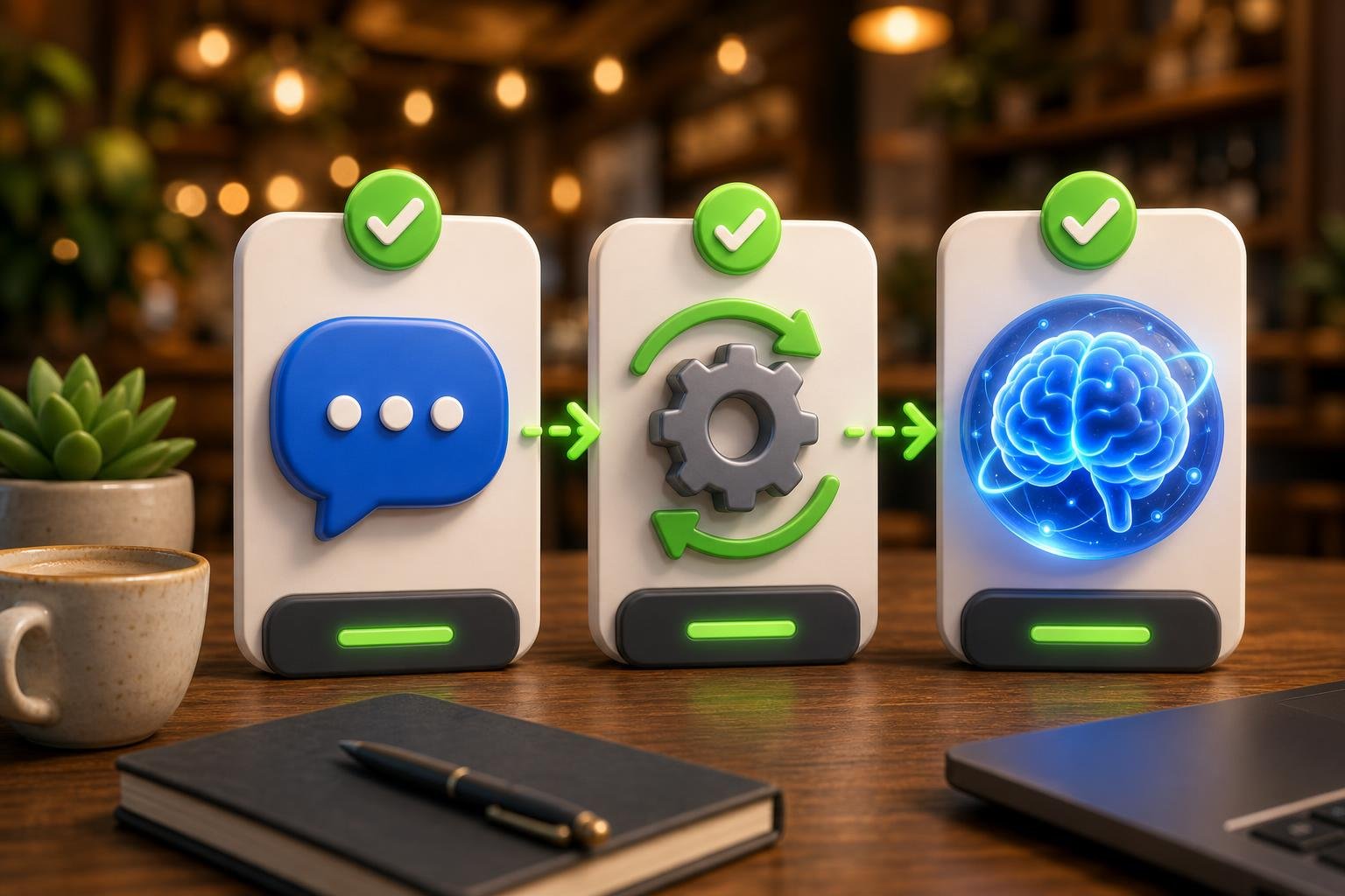 Chunky 3D AI brain orb with a glossy blue lightning bolt at the center, four floating UI cards (post, star, map pin, sparkle) connected by green dashed arrows, on a warm walnut cafe desk with blurred bokeh.