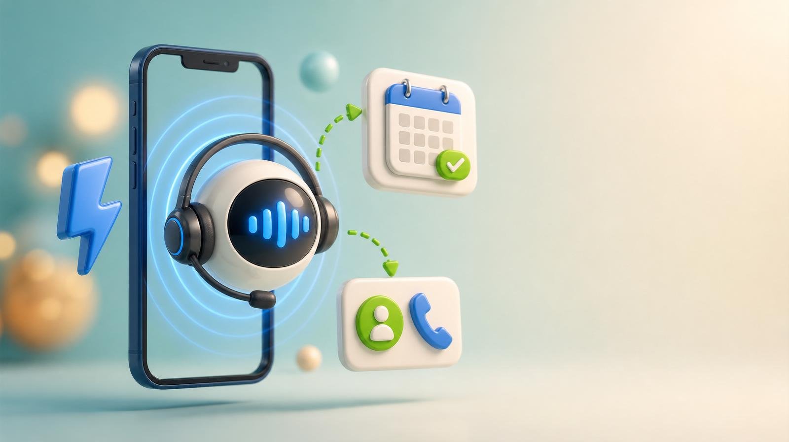 3D illustration of an AI voice orb wearing a headset with soundwave rings, connected by green arrows to a booking card and a call-transfer card
