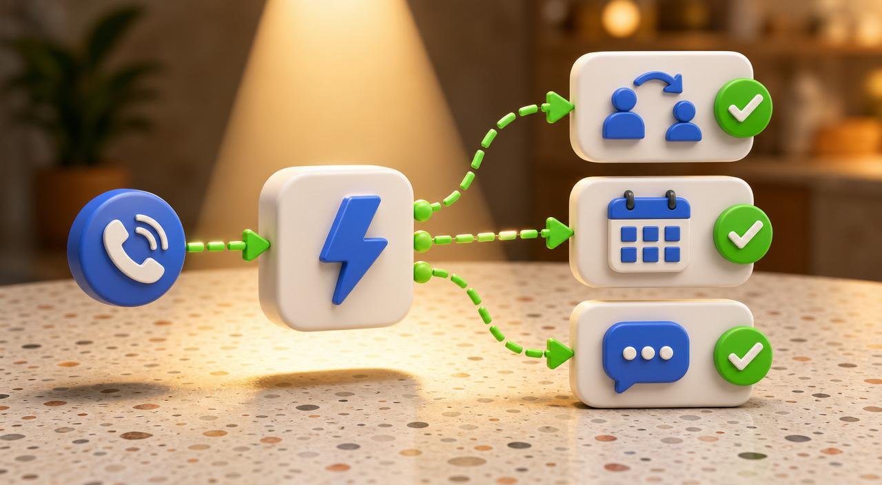 3D call-flow diagram showing an incoming call entering a gateway block and branching into transfer, booking, and message-capture cards, each marked with a green checkmark.