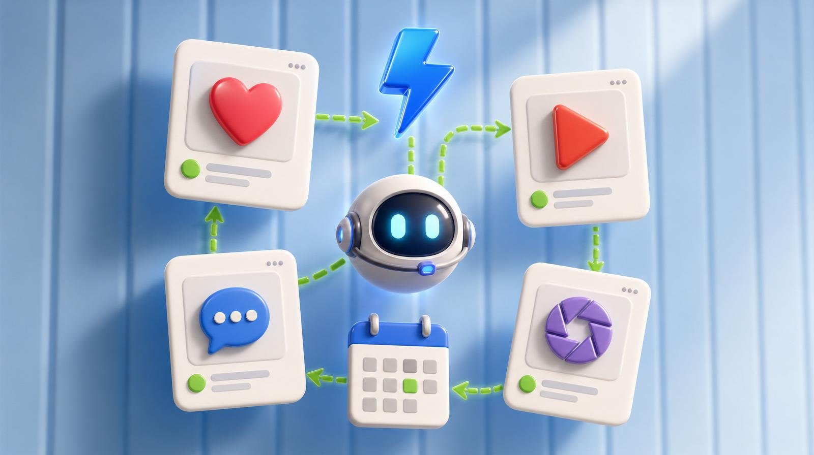 3D AI orb orchestrating four floating social post cards connected by green dashed arrows through a small calendar tile, glossy blue lightning bolt above.