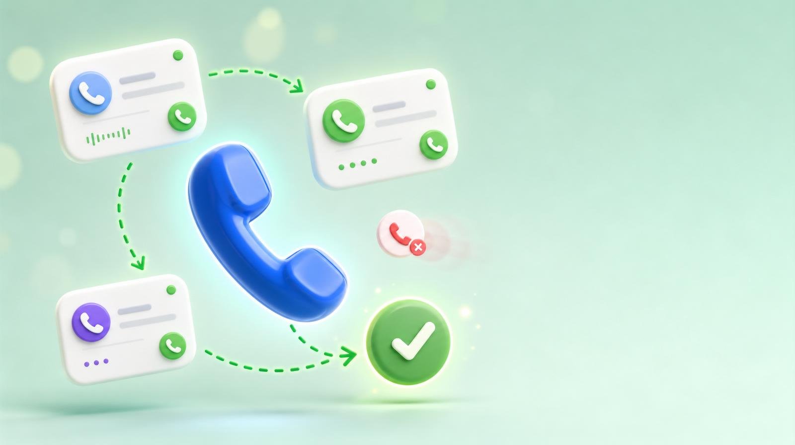 3D illustration of a blue phone handset surrounded by floating call cards routed by green arrows into a green checkmark badge