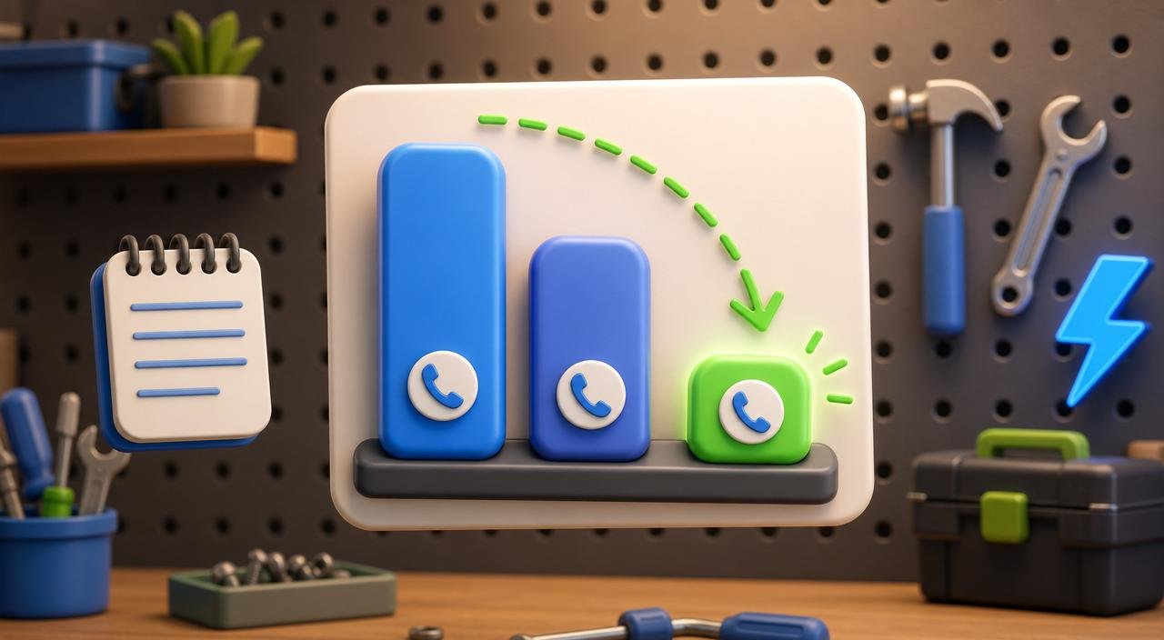 3D bar chart on a workshop pegboard wall showing three descending cost bars with phone tokens, and a green dashed arrow pointing to the lowest bar.
