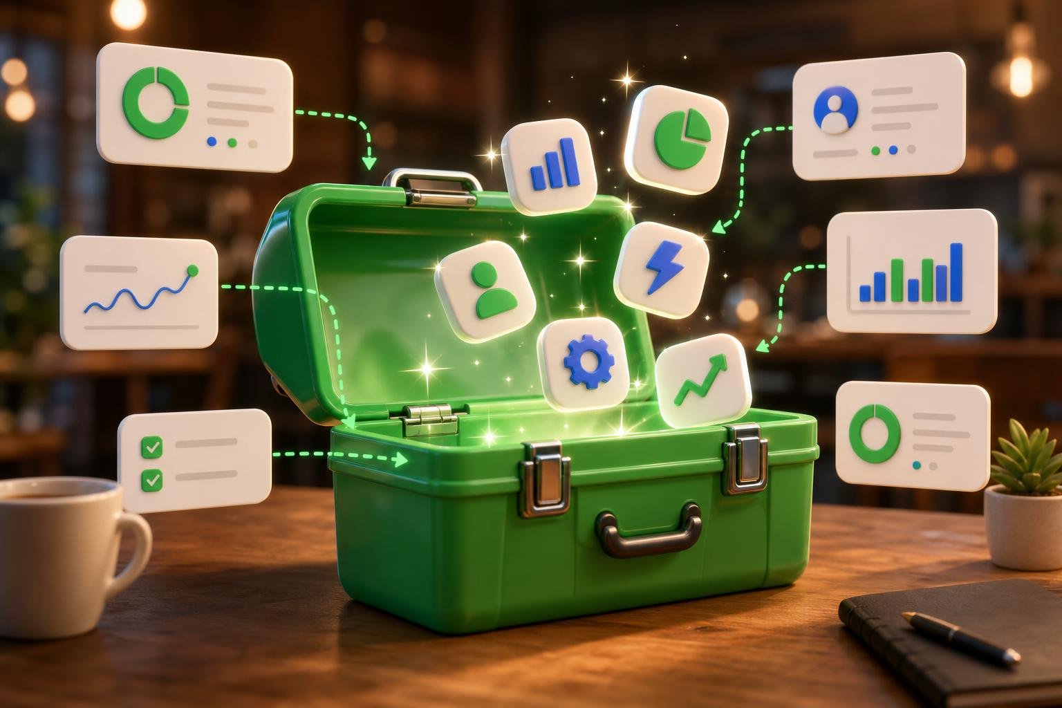 A browser-based AI social tool with platform tiles for Facebook, Instagram, LinkedIn, X, Pinterest, and Google Business Profile on the left and a queue of scheduled posts on the right.