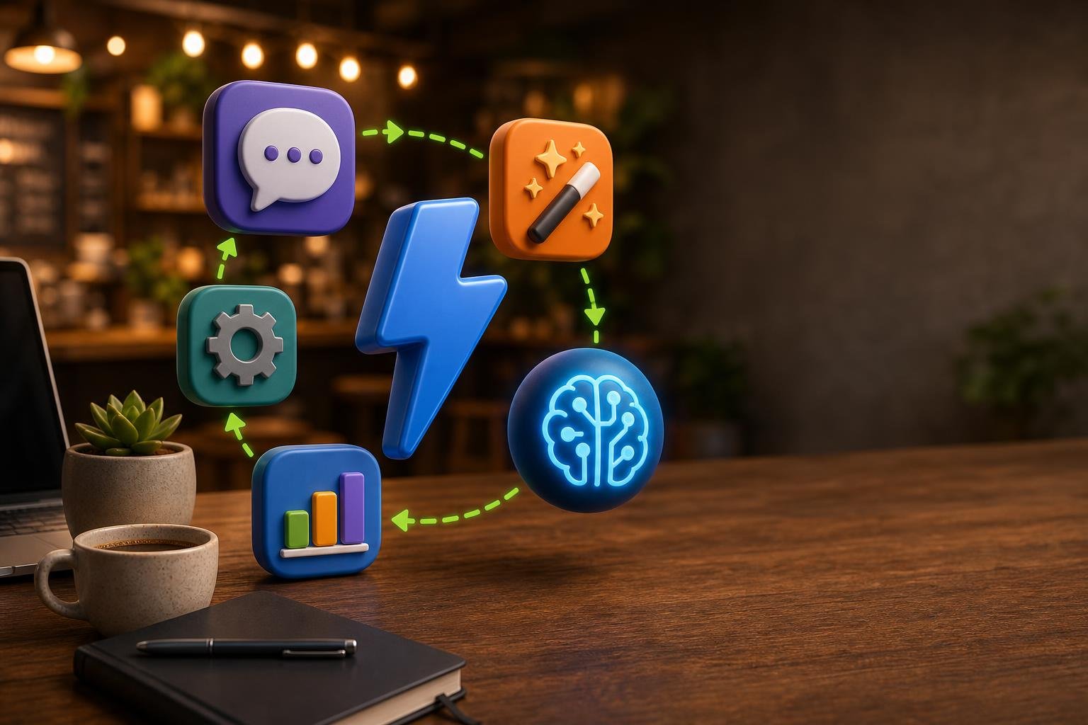 Chunky 3D app-tile icons (chat, sparkle, gear, chart, AI brain) orbiting a glossy blue lightning bolt above a warm cafe desk — representing the best AI tools for small business in 2026