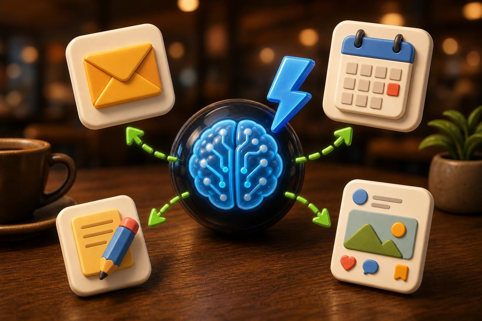 A 3D AI brain at the center with green dashed arrows fanning out to email, calendar, writing, and social post cards — representing one AI stack that quietly handles your busiest tasks.