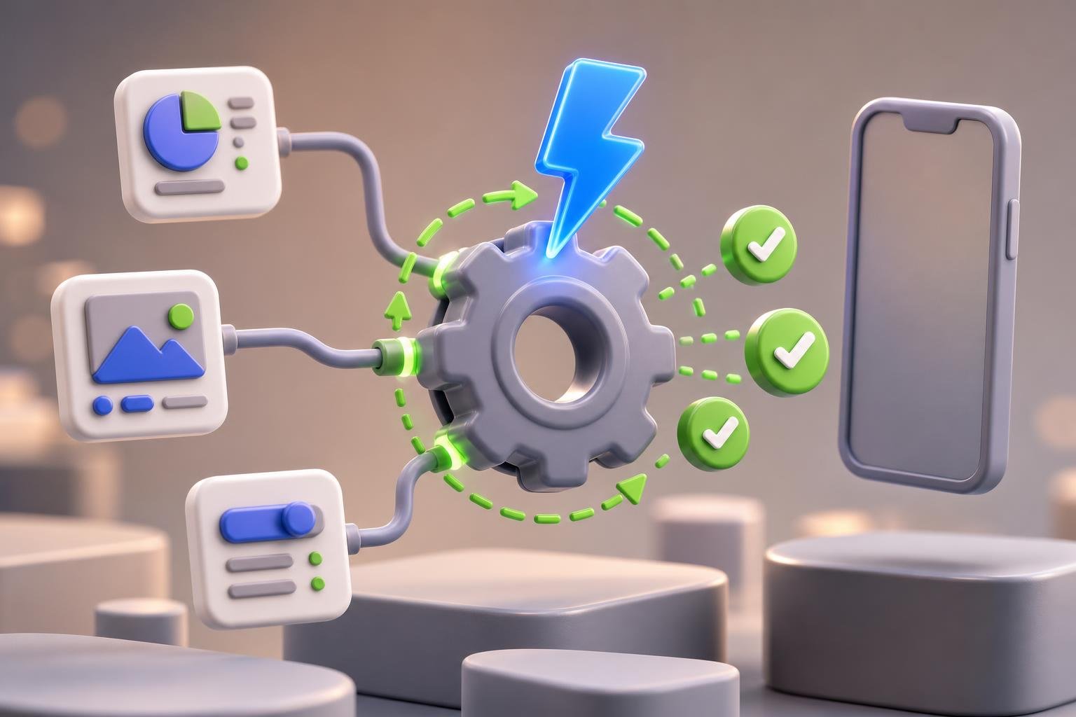 Glossy 3D gear with green dashed arrows orbiting it, three workflow node cards feeding in, blue lightning-bolt accent striking the top and green checkmarks emerging.