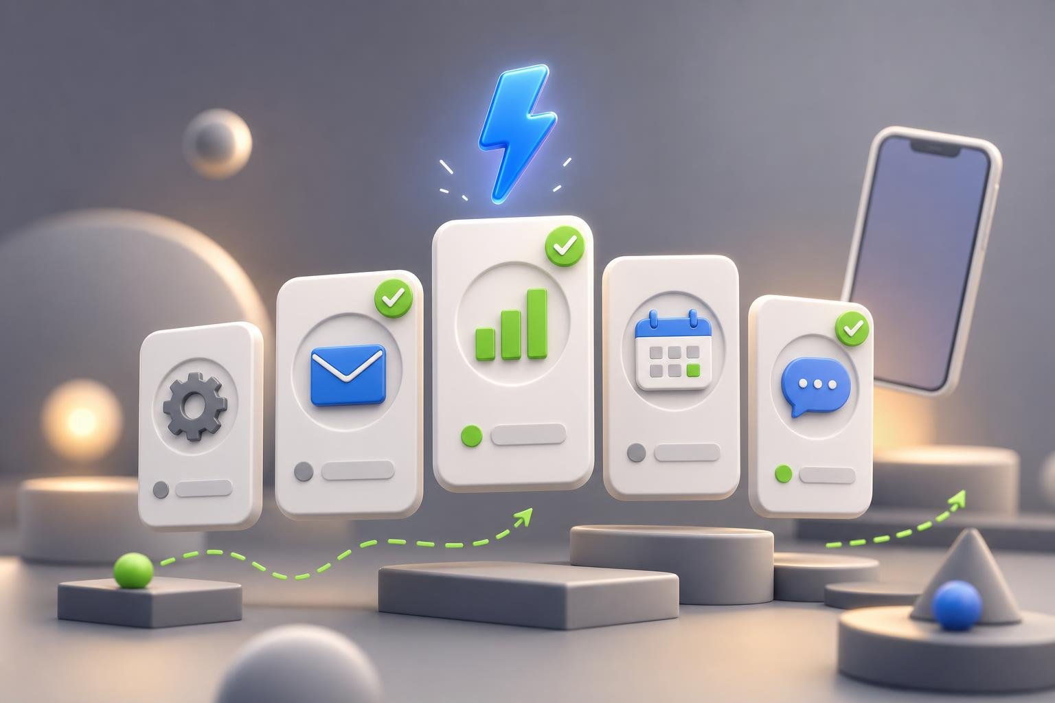 Row of five rounded 3D tool cards with abstract icons (gear, envelope, chart, calendar, chat bubble), three topped with green checkmarks and a blue lightning-bolt above the middle card.