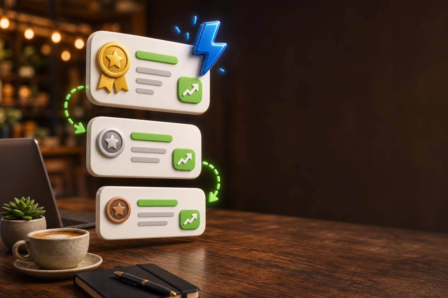 Three 3D app-tile cards stacked like a leaderboard with a gold ribbon on top, linked by green dashed arrows with a glossy blue lightning-bolt accent, on a warm cafe desk with blurred bokeh.