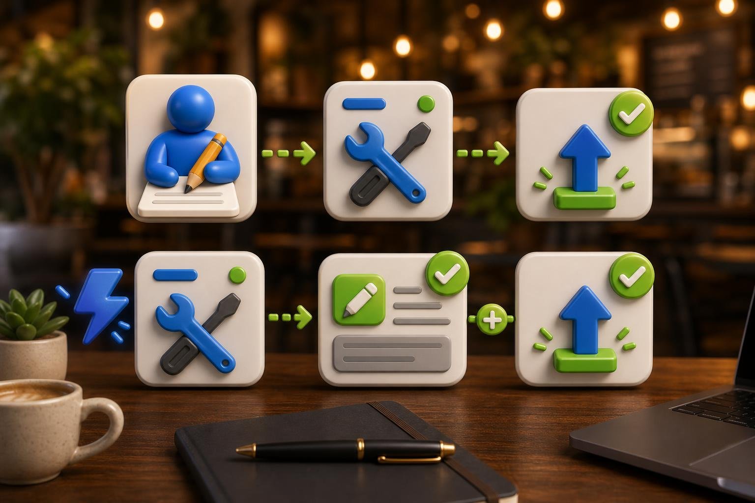 Three floating 3D app-tile cards stacked like a leaderboard with a gold ribbon on the top tile, green dashed arrows linking them, and a glossy blue lightning-bolt accent, on a warm walnut cafe desk with blurred bokeh.