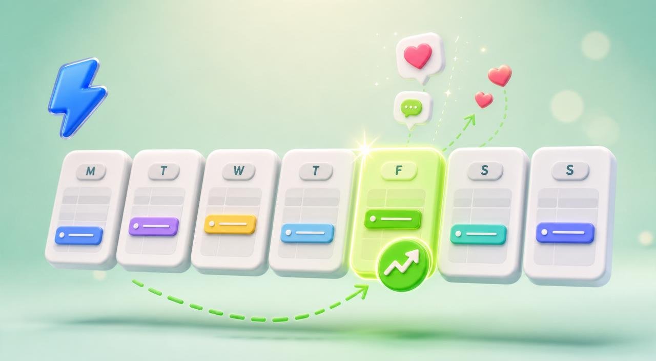 A row of glossy 3D day tiles with one tile glowing green under a big trending arrow