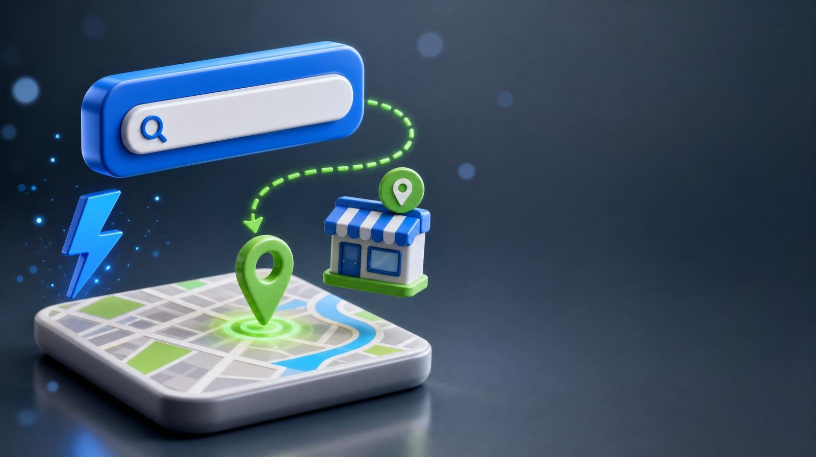 Glossy 3D blue search bar hovering above a stylized 3D map tile, with a green dashed arrow curling to a green map pin dropped beside a small chunky storefront token — representing a Bing Places business listing on the map.