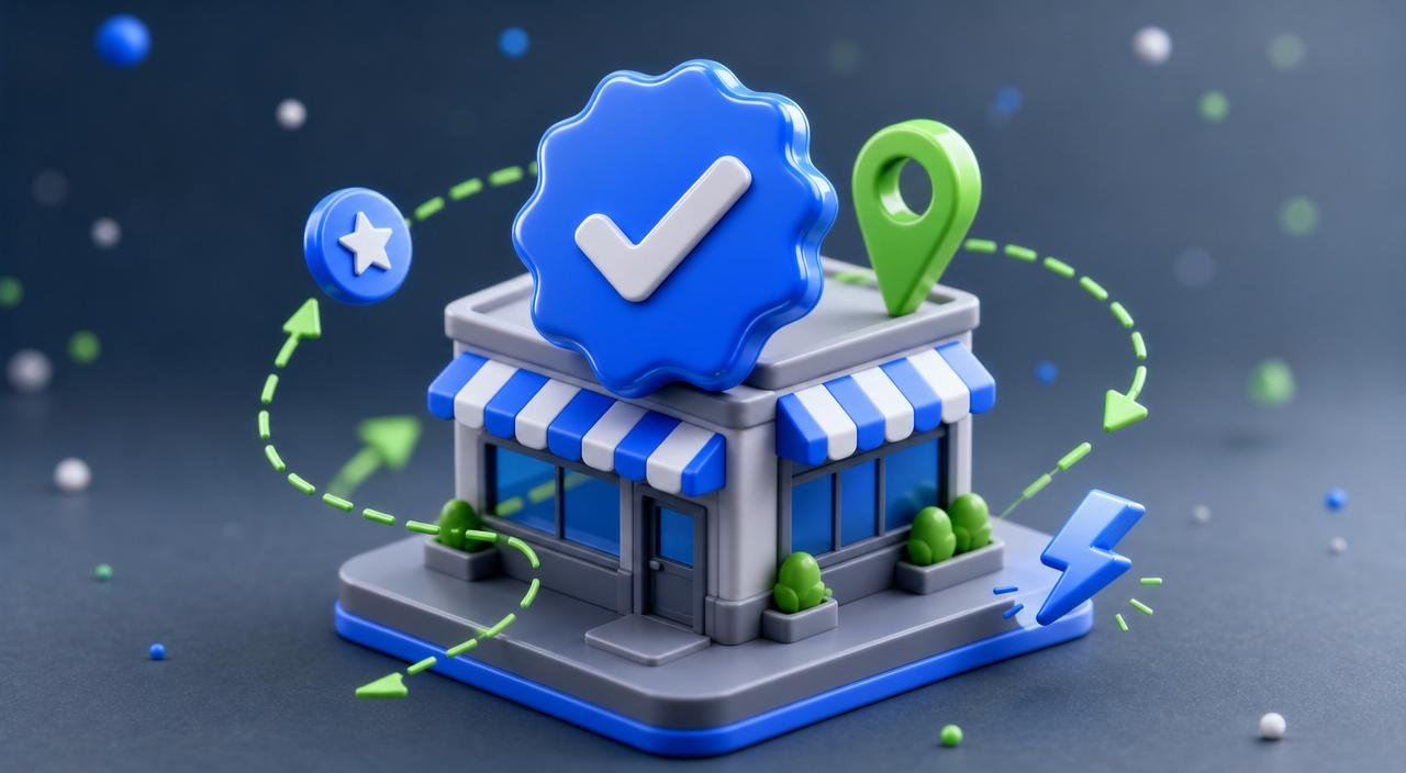 Glossy 3D storefront with a blue checkmark badge landing on top and a green map pin above it, surrounded by green dashed arrows and a small star token — representing a claimed and verified Bing Places listing.