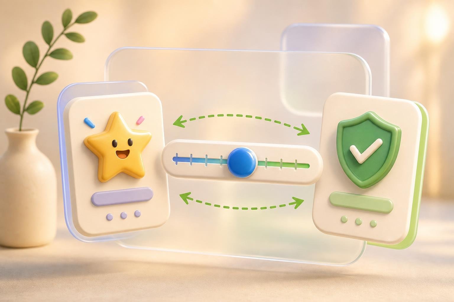 A 3D voice-tone slider with a glossy blue handle, flanked by a playful star icon card and a confident shield icon card, with green dashed arrows showing the slider moving between them.