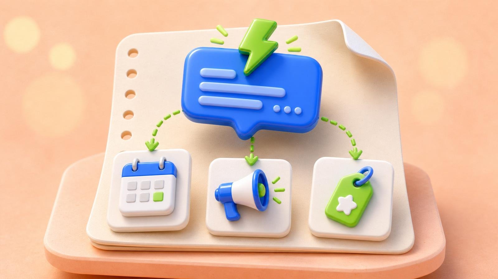 Chunky 3D glossy blue chat-bubble prompt card with a green lightning-bolt icon, branching via green dashed arrows into three smaller output cards for calendar, megaphone, and shopping-tag icons — representing marketing prompts and outputs.