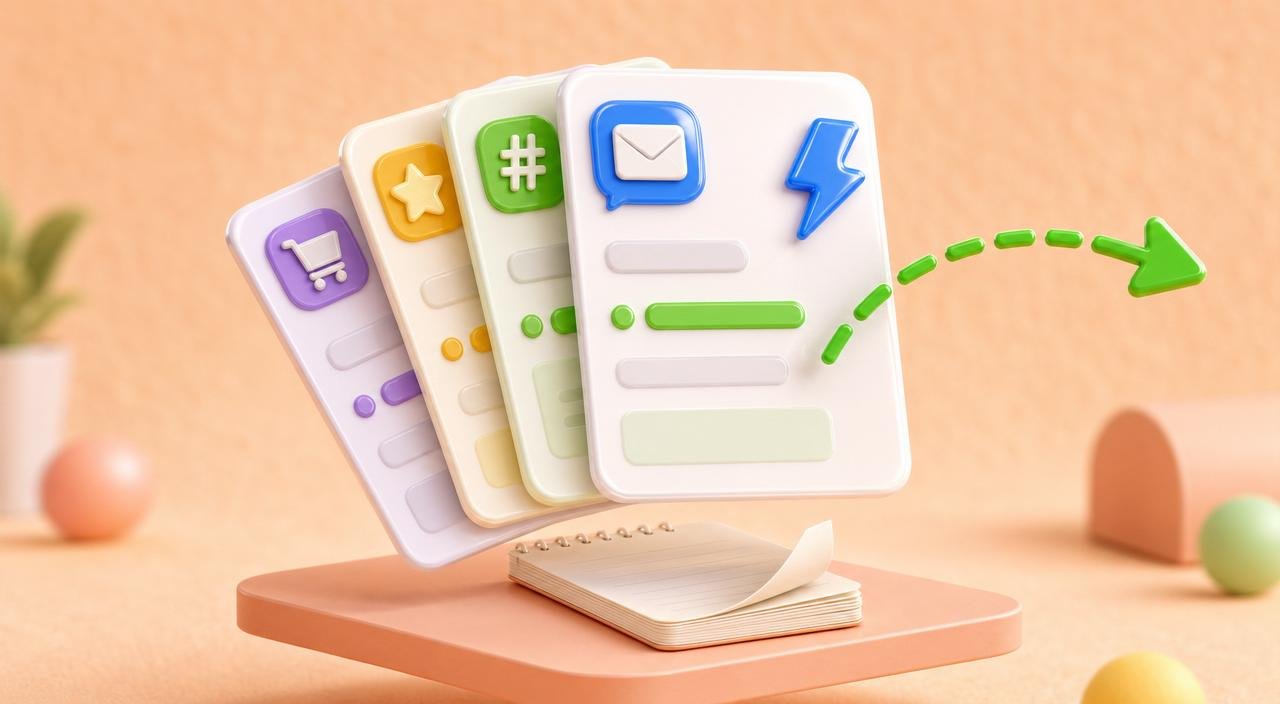 Stack of glossy 3D prompt-template cards fanned out like a hand of cards, each marked with a different icon (envelope, hashtag, star, cart), a green dashed arrow curling outward.