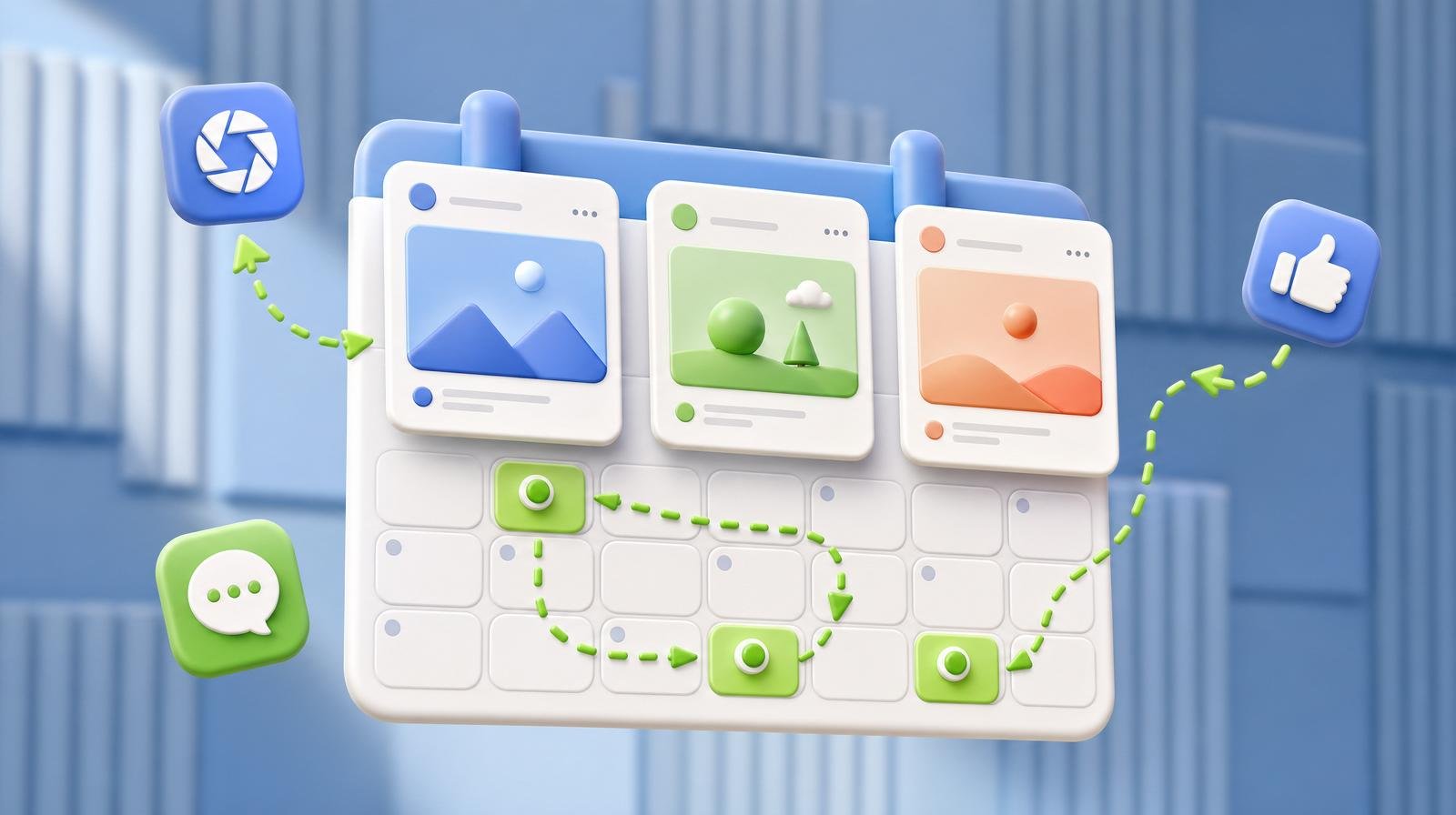 3D content calendar grid with rounded date tiles, three glossy post-preview cards in blue, green and peach hovering above, and a green dashed arrow looping through the dates with social platform icons floating at the corners.