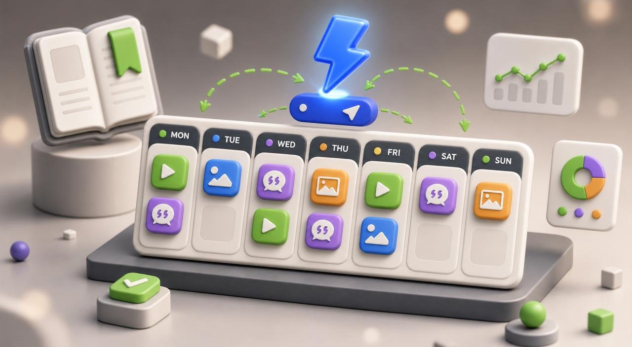 3D weekly content planner block with seven rounded day-column tiles, color-coded post-type tokens (video play, image square, quote bubble) slotted into different columns, and a blue lightning bolt over a publish button hovering above — representing a fully-loaded weekly content calendar.