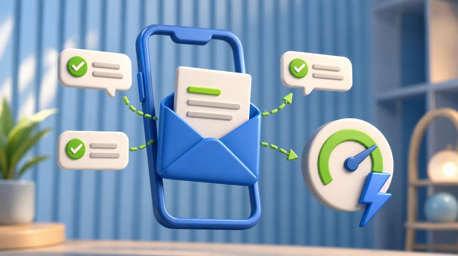 3D email envelope card opening with a paper sheet rising out, three floating message bubbles with green checkmarks, and a click-through-rate dial — representing email marketing for small business.