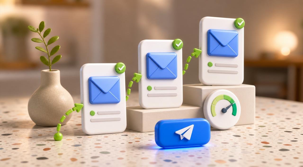 3D email sequence flow with three stacked envelope cards rising in tilt, a green dashed arrow connecting them, an open-rate gauge token, and a glossy blue send button — representing an email nurture sequence.