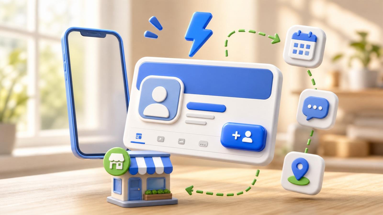 3D business page profile card with rounded avatar placeholder, glossy blue follow button, a small storefront token, and floating calendar / message / location mini badges connected by a green dashed arrow — representing a social business page setup.