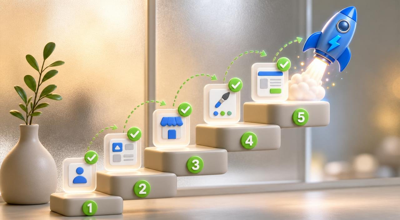 3D step-by-step setup ladder with five numbered tokens rising diagonally, each topped with a green checkmark, a glossy blue rocket icon launching off the top step — representing a guided business page setup.