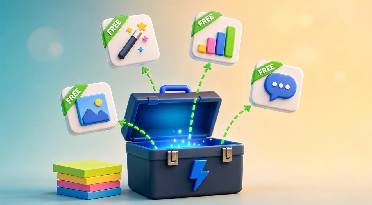 3D toolbox with the lid open and four floating AI tool tokens — magic wand, small chart, image square, chat bubble — each tagged with a green FREE ribbon, connected by a green dashed arrow.