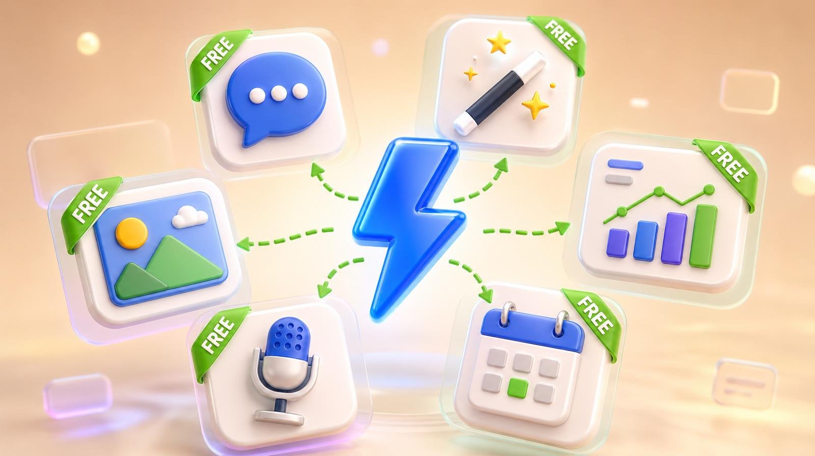 3D arrangement of six rounded AI tool tokens — chat, magic wand, chart card, image frame, microphone, calendar — each tagged with a green FREE ribbon, connected by a glossy blue lightning bolt — representing free AI tools for small business.