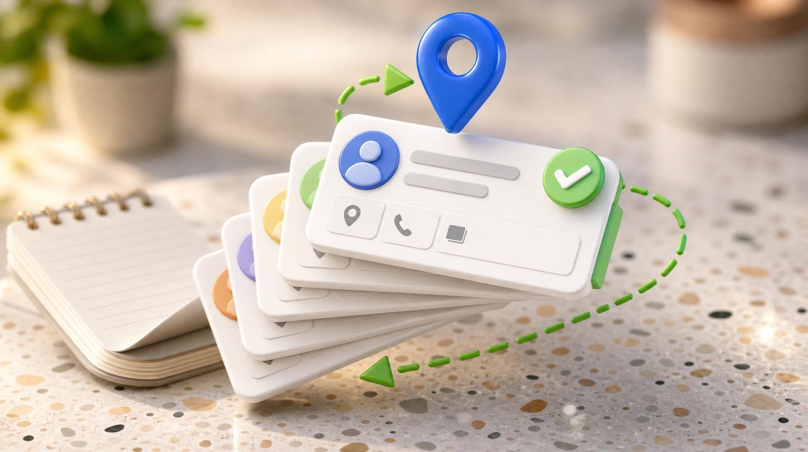 Fanned stack of 3D directory listing cards with a glossy blue location pin, a green checkmark badge, and dashed arrows — representing free business listing site submissions.