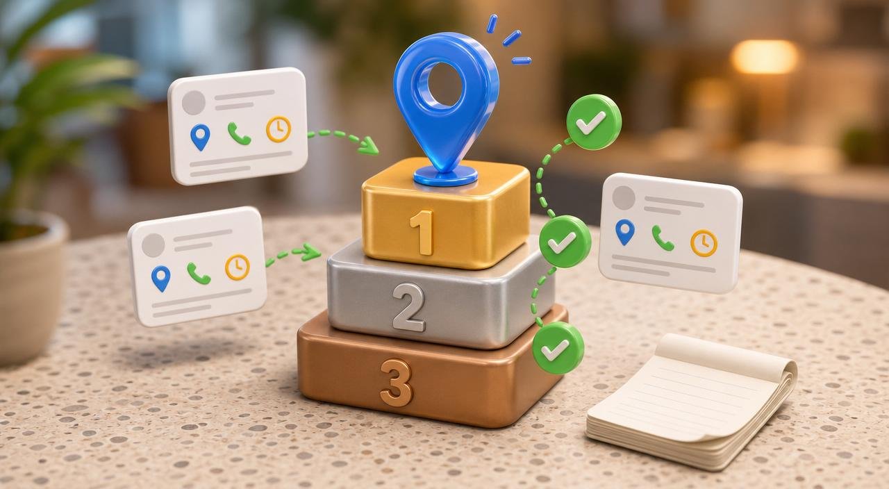A 3D ranking pedestal with a glossy blue directory pin on top, NAP cards floating around each tier, and green checkmark tokens — representing top-ranked free business listing sites.