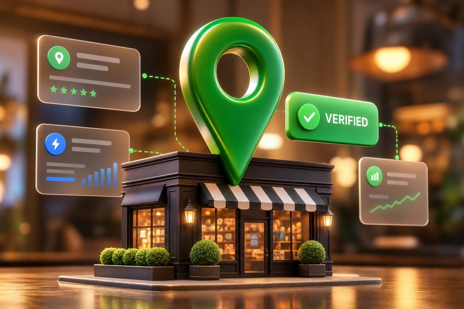 A Google Business Profile card with categories, photos, hours, and Q&A flowing into a Google Maps local search result.