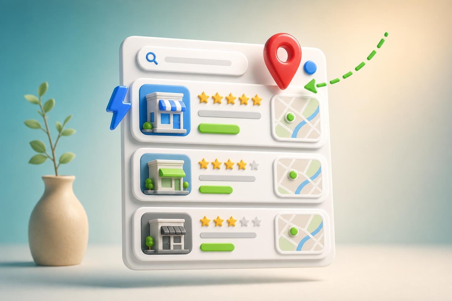 3D local-pack search-result panel with three rounded business cards, star ratings, map thumbnails, and a glossy red map-pin hovering above the top result with a green dashed arrow.