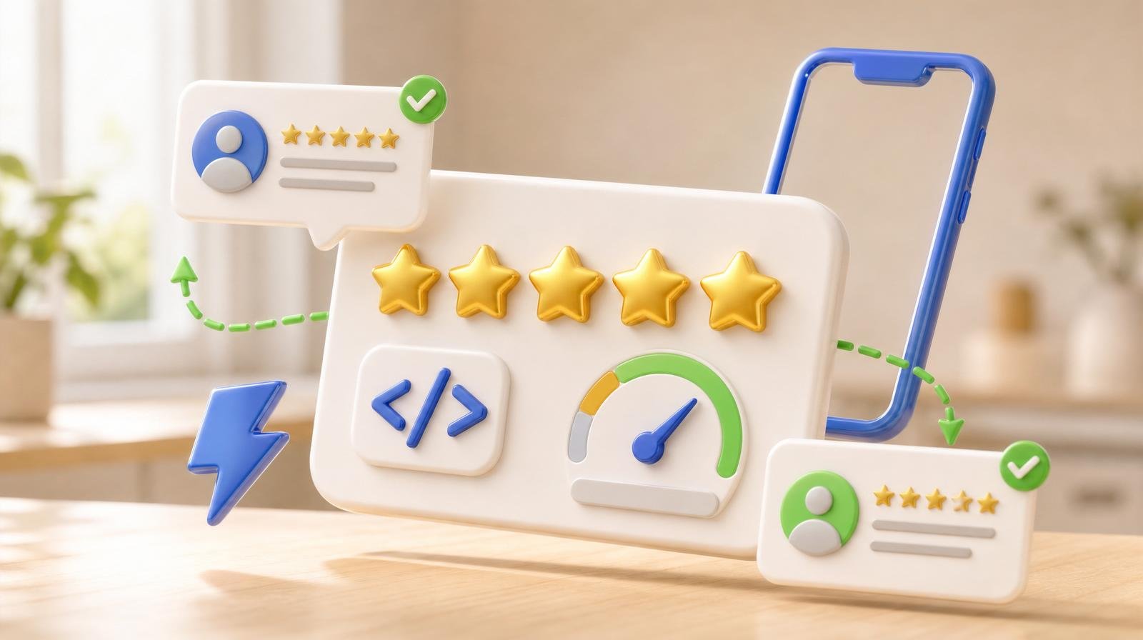 3D review widget card hovering above a maple counter with five glossy gold star tokens, an embed-code bracket icon, a rating dial, and two floating mini review-bubble cards with green verified checkmarks.