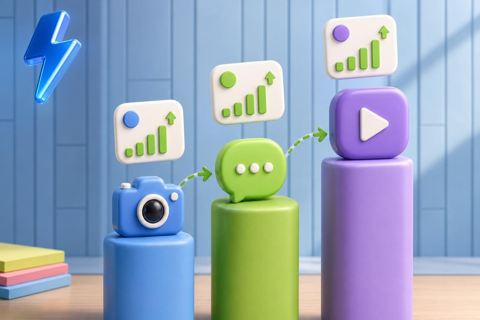 Three vertical 3D platform pillars at different heights topped with camera, chat-bubble, and play-button icons, with growth-arrow cards floating above each.
