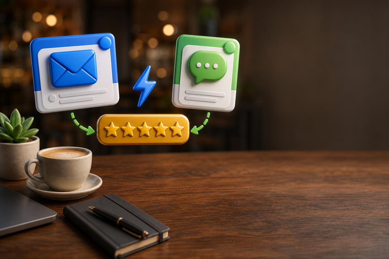 Friendly handshake transitioning into a smartphone showing a 5-star Google review form with floating message and envelope icons