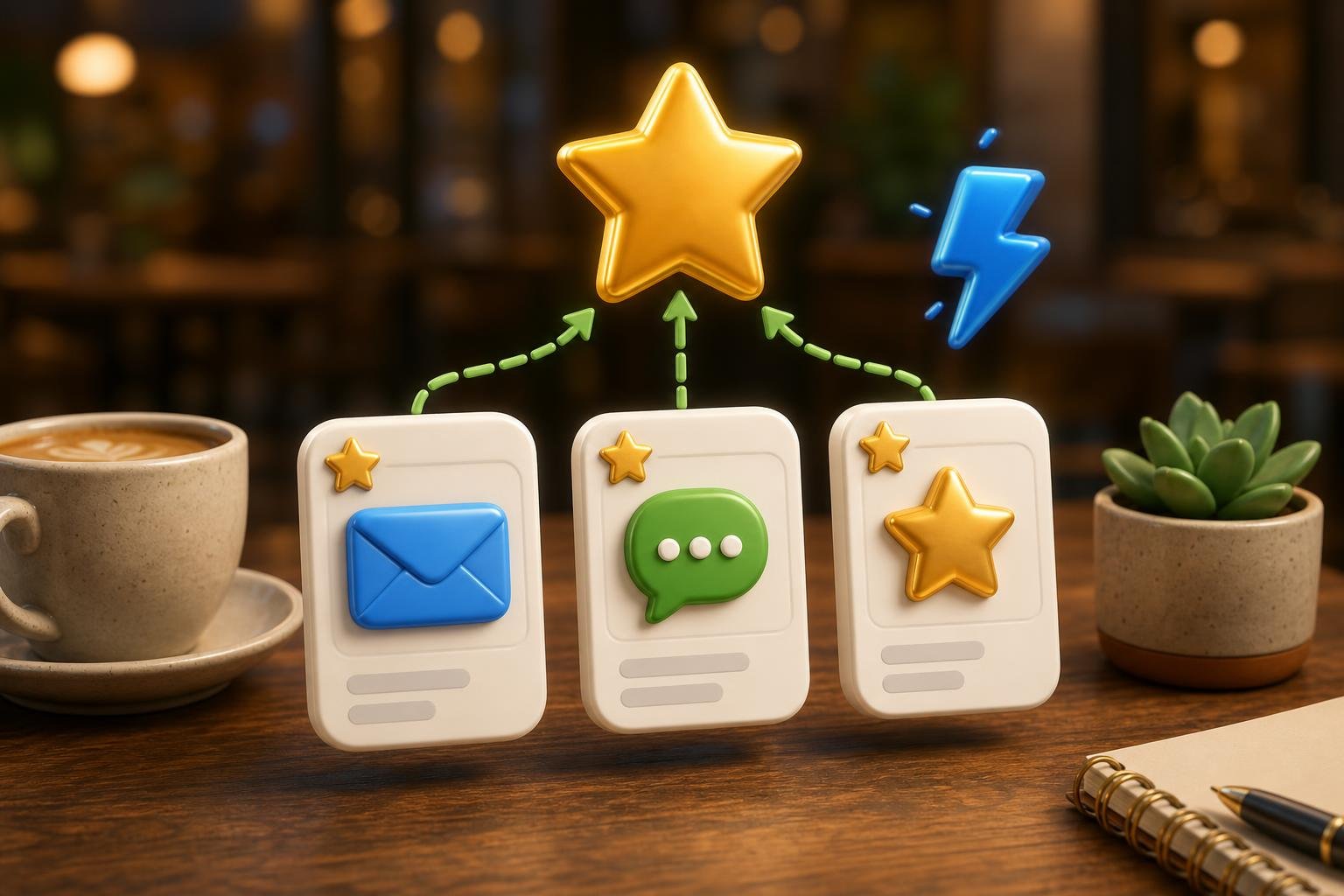 Three stacked message templates floating above a phone, each showing star ratings and abstract text lines representing copy-paste review request templates.