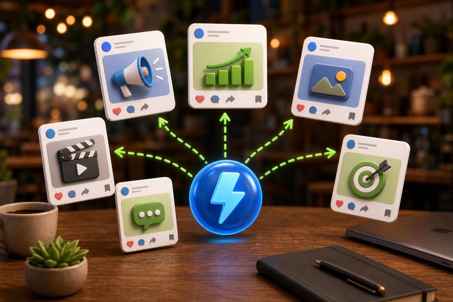 Chunky 3D blue lightning-bolt funnel feeding six floating social post cards along a green dashed arrow path, on a warm walnut cafe desk with blurred bokeh, coffee cup and notebook in view.