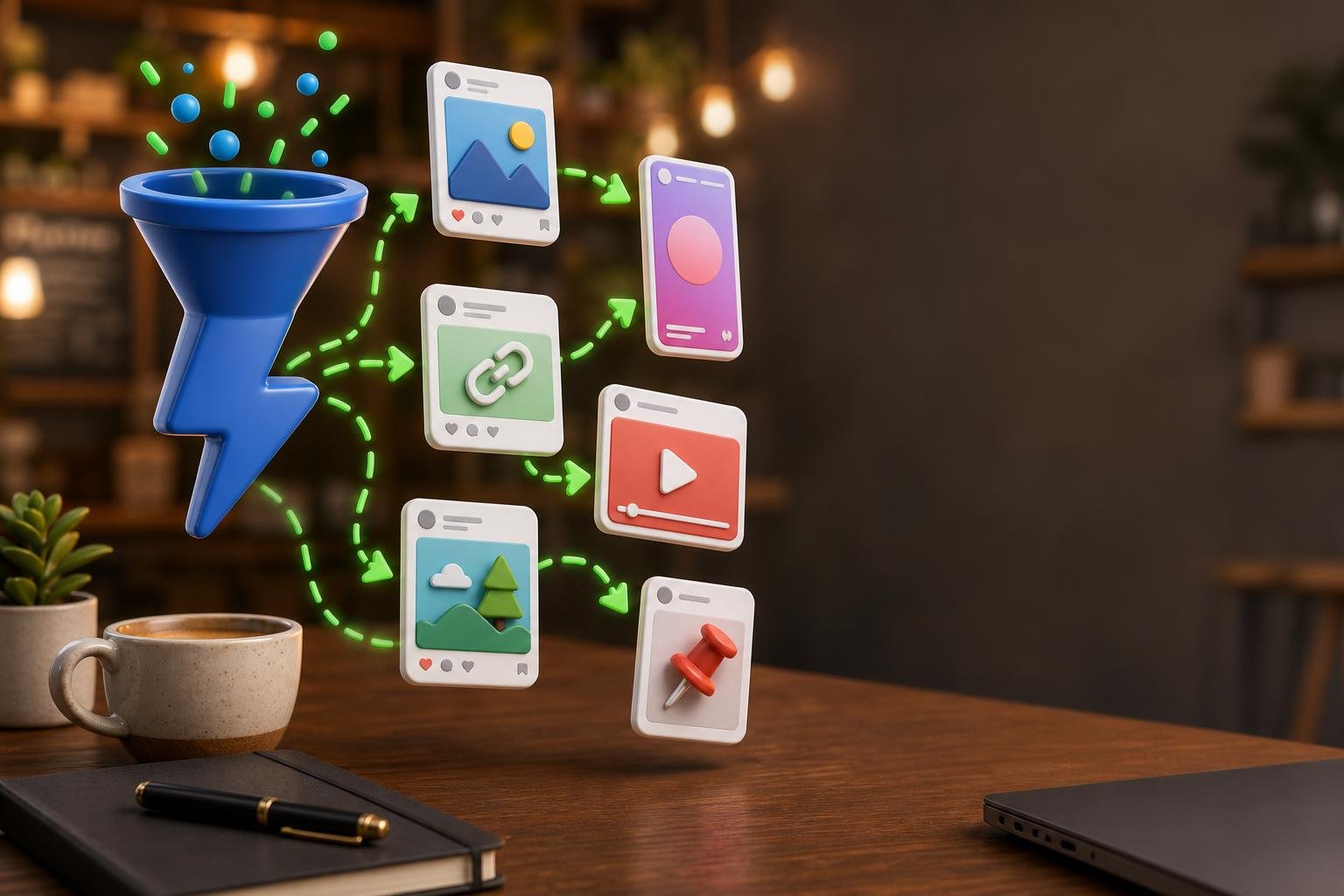 3D blue lightning-bolt funnel feeding six floating social post cards along a green dashed arrow path, on a warm cafe desk with blurred bokeh, coffee cup and notebook in view.