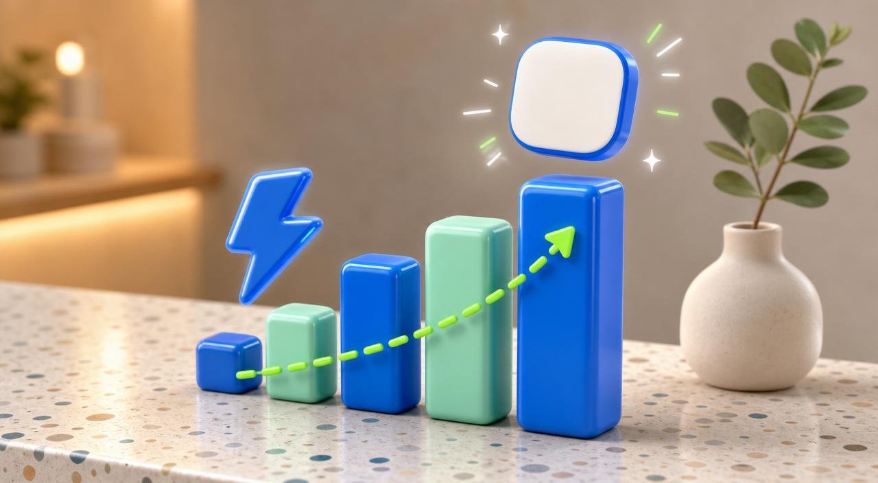 3D ascending bar chart with a rounded blank brand token above the tallest bar, sparkle bursts around it, blue lightning-bolt accent and green dashed arrow curving upward — representing compounding brand awareness.