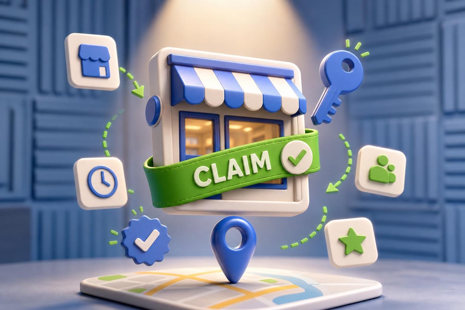 A 3D storefront card with a green CLAIM ribbon wrapped diagonally across it, a floating ownership key, verification seal, and map pin below — representing claiming ownership of a Google Business Profile.