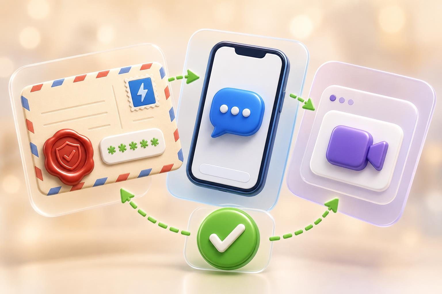 A 3D verification postcard with a red wax seal and 5-digit code chip, a smartphone with an SMS bubble, and a video-camera card connected by green dashed arrows to a green checkmark — representing the three Google Business Profile verification methods.