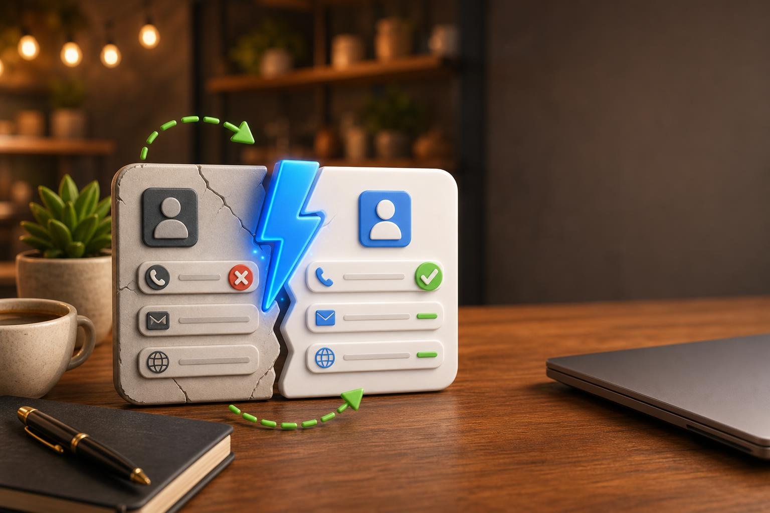 Split 3D business card — left half cracked with red X icons, right half clean with green checks — joined by a glossy blue lightning-bolt spark, on a warm cafe desk with blurred bokeh.