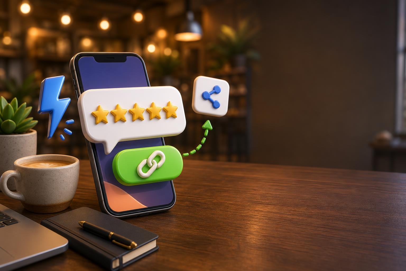 Smartphone showing a 5-star Google review page with a glowing share link icon flying off the screen, surrounded by chat bubbles and a copy icon
