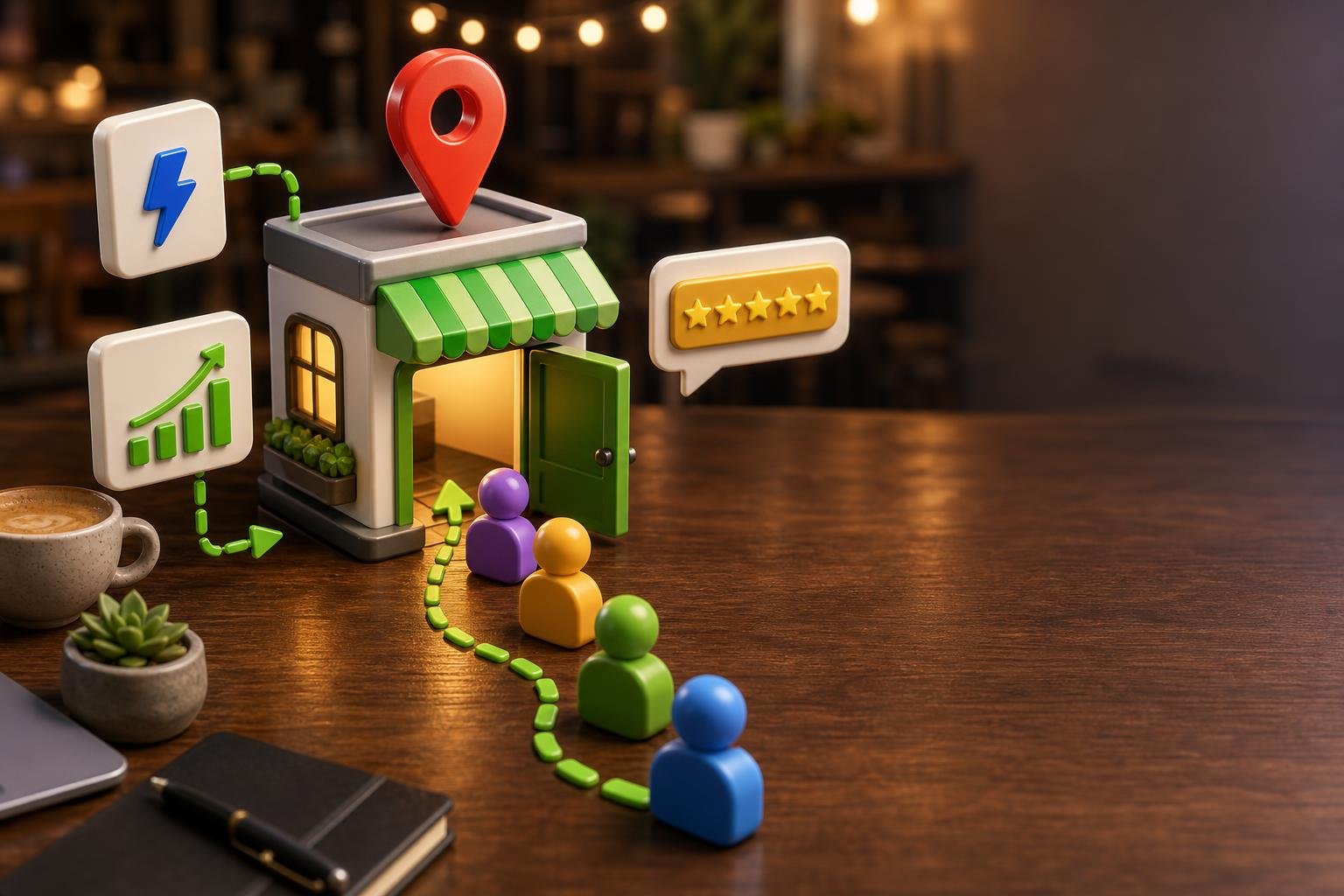 Glossy 3D mini storefront with an open green door, a red location pin and 5-star badge floating above, and abstract customer-token chips walking in along a green dashed arrow path — representing how to get more customers for a small business
