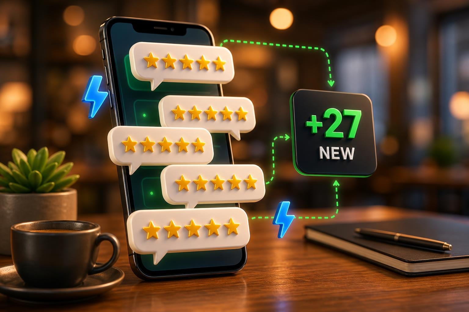 Smartphone on a marble desk showing a 5-star Google review with floating stars and a small business storefront