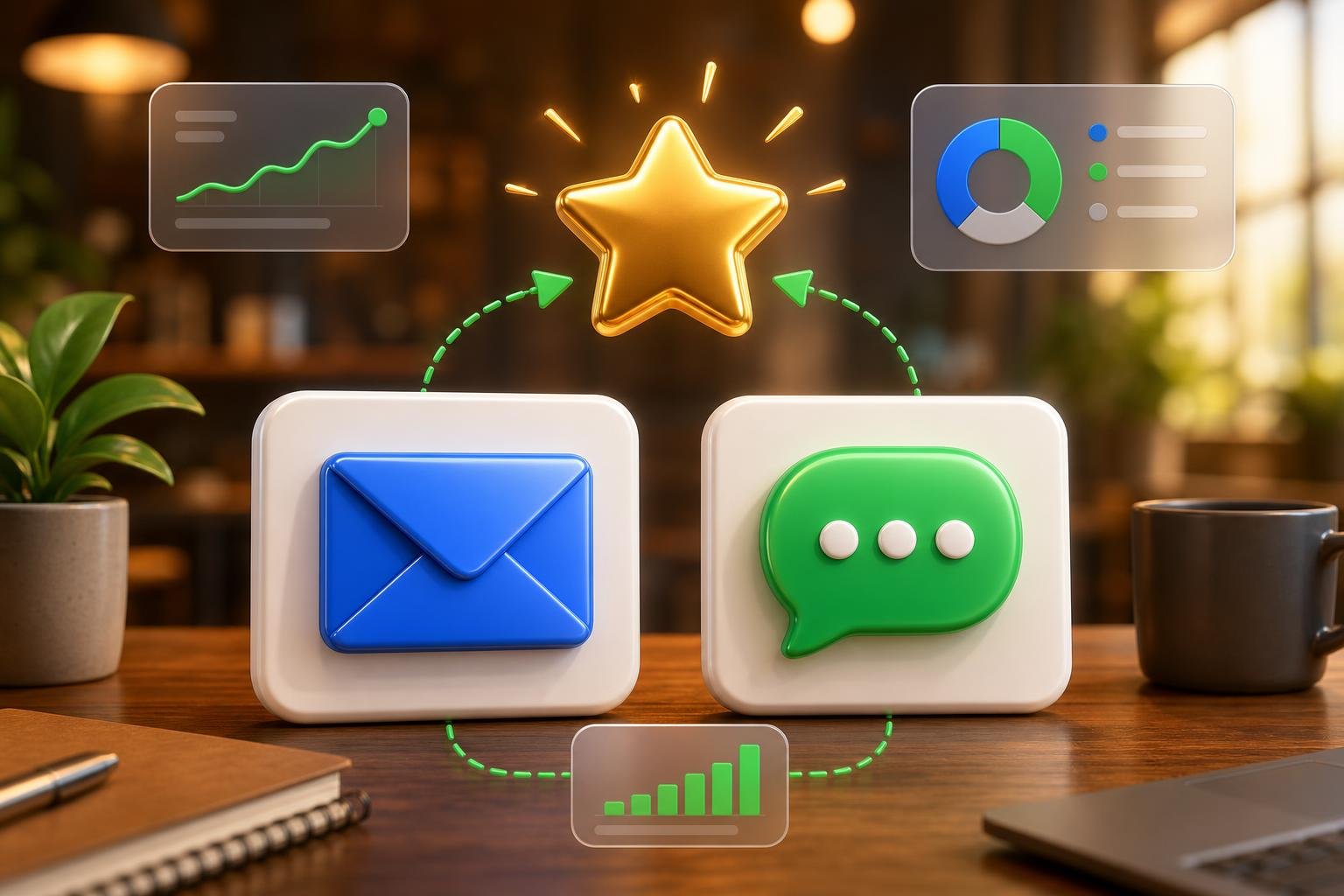 A smartphone sending an SMS message bubble that flows into a 5-star Google review card on the right.