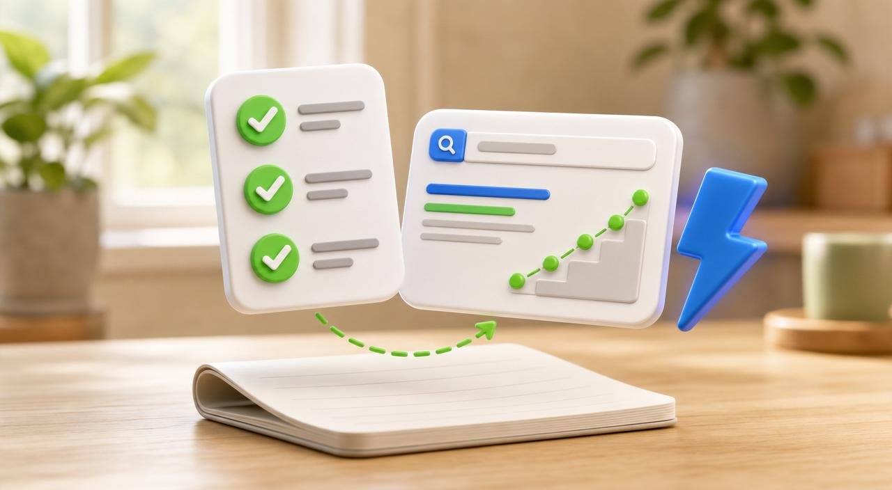 3D checklist card with three green checkmarks next to a floating search-result card showing an abstract rising position indicator — representing a systematic SEO improvement process for small business.
